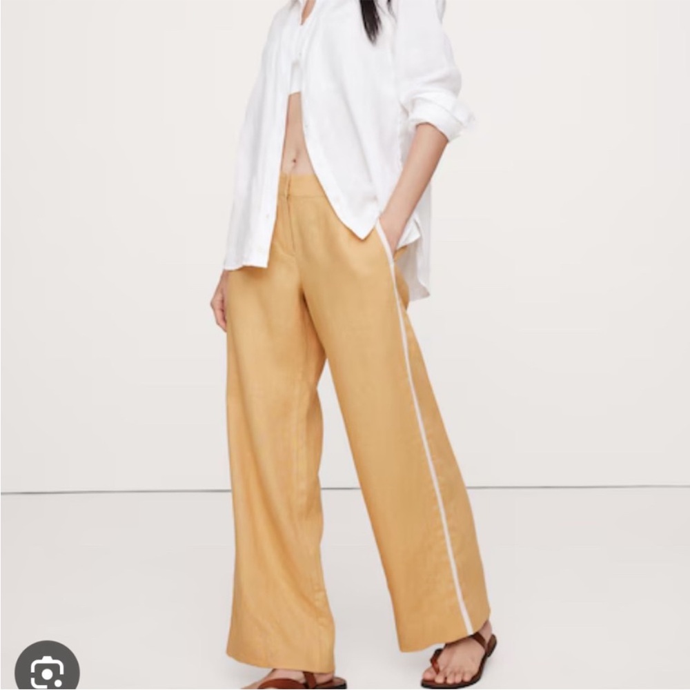 Banana Republic The Everyday Linen Mustard Wide-Leg Pants with White Side Stripe